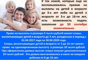 До 30 сентября (включительно) 2020 года семьи с детьми могут подать заявления на выплаты